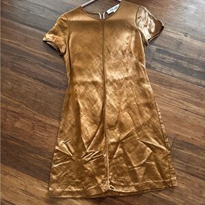 Diane Von Furstenberg Silk Linen Camel Gold Bronze Short Sleeve Shift Mini Dress